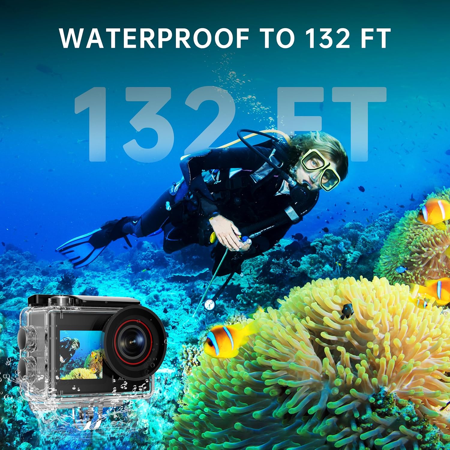 4K60FPS 30MP Action Camera with Front LCD and Touch Rear Screens, Underwater Camera with 64GB Memory Card, 132FT Waterproof Camera, EIS, 5X Zoom, WiFi Remote Control(Black)